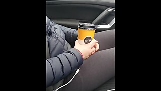 Step mom in black leggings with coffee wants to fuck in the car with step son