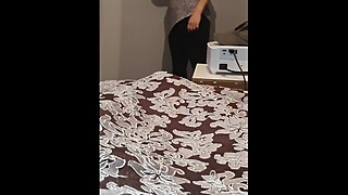 Step mom in black leggings seduce and fuck step son during an porn movie