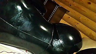 Me fucking my wife'_s big ass in black latex catsuit at home