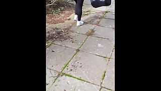 Step mom in black leggings fucked in the back yard by horny step son