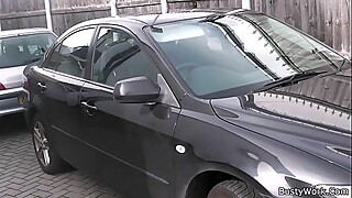 BBW in fishnets swallows black cock at work